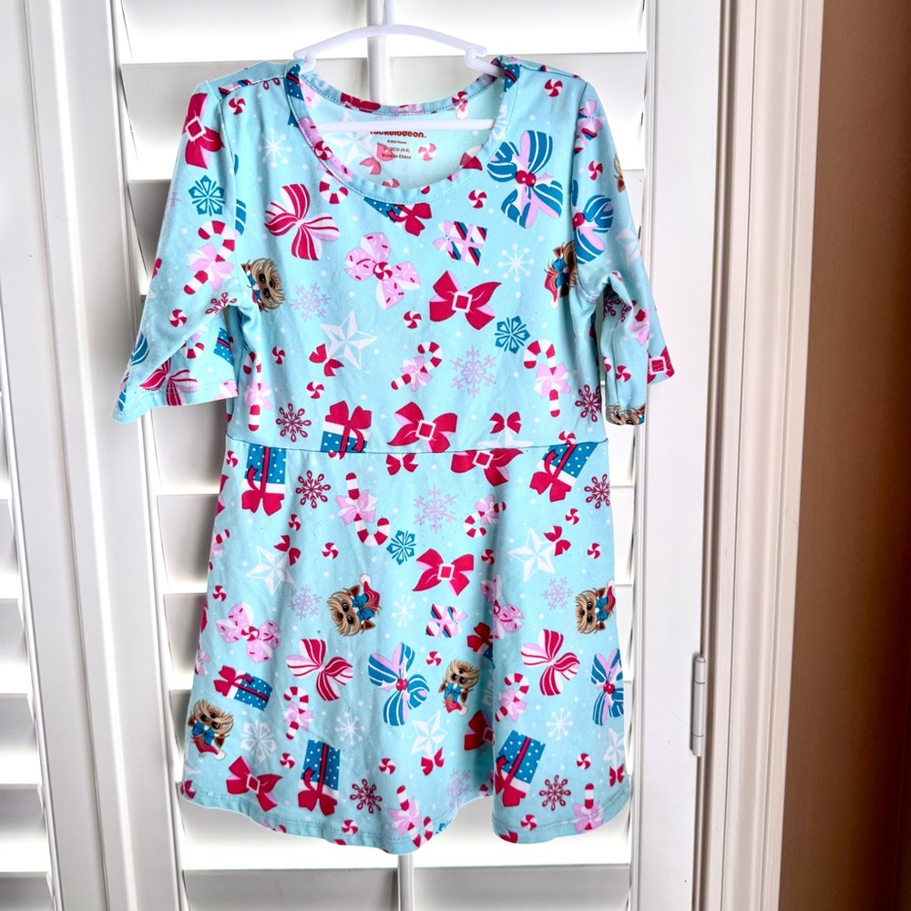 JoJo Siwa Christmas Holiday Dress Girls XS 4-5 Yorkie Bows Aqua Skater Dress